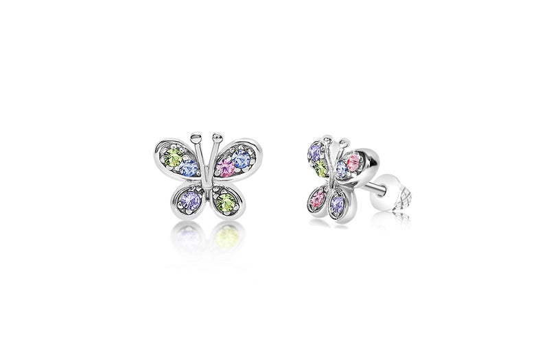 Chanteur Kids Hypoallergenic Earrings, Butterfly Screwback Earrings for Girls, White Gold Toned Baby with Surgical Titanium Posts, Jewelry Kids, Earring Set Colorful Crystals - Image 1