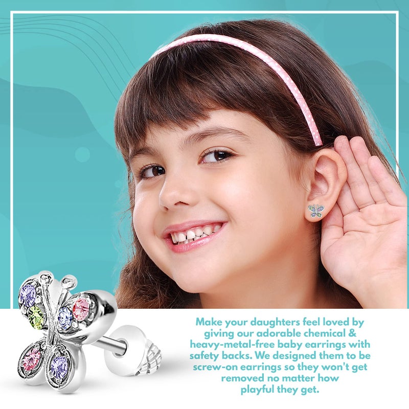 Chanteur Kids Hypoallergenic Earrings, Butterfly Screwback Earrings for Girls, White Gold Toned Baby with Surgical Titanium Posts, Jewelry Kids, Earring Set Colorful Crystals - Image 3