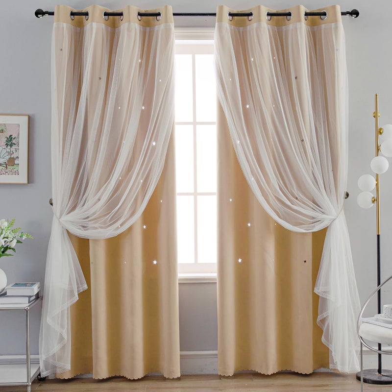 Anytime Girls Bedroom Curtains Hollow-Star Blackout Curtains for Kids Room Darkening Long Baby Window Drapes 2 Panel Set (W52 x L84 Beige) - Image 1