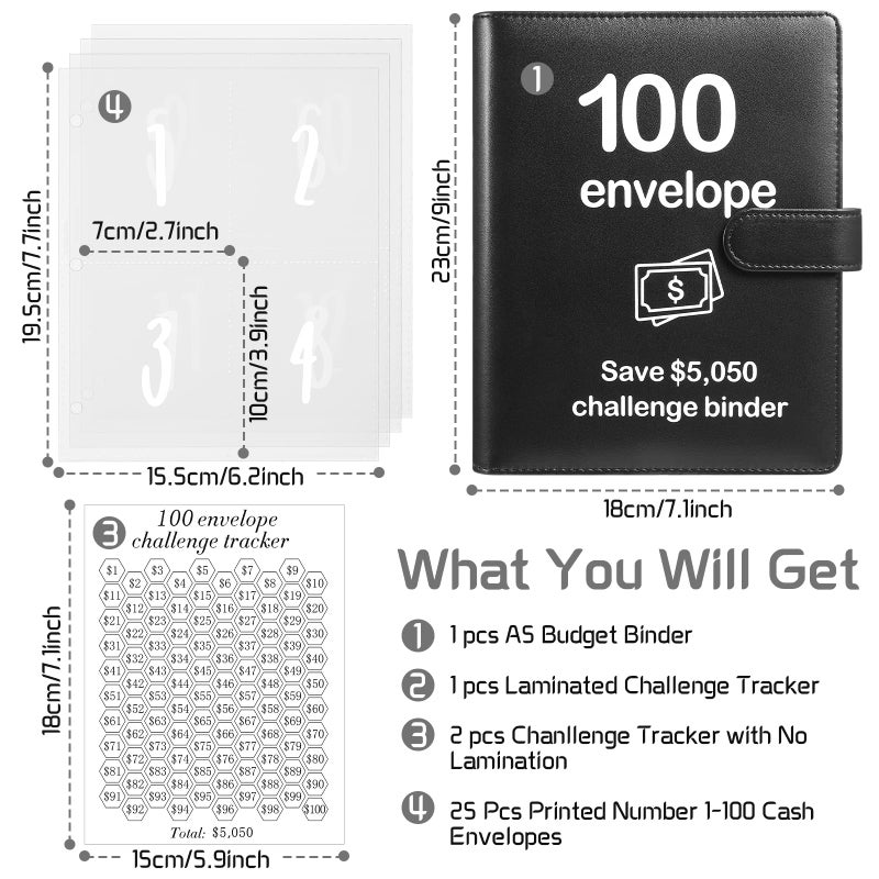 Pemocyny 100 Envelopes Money Saving Challenge Binder with Laminated Tracker, Budget Binder with Cash Envelopes, Easy and Fun Way to Save $5,050 (Black) - Image 2