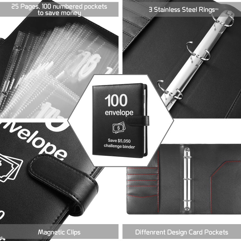 Pemocyny 100 Envelopes Money Saving Challenge Binder with Laminated Tracker, Budget Binder with Cash Envelopes, Easy and Fun Way to Save $5,050 (Black) - Image 3