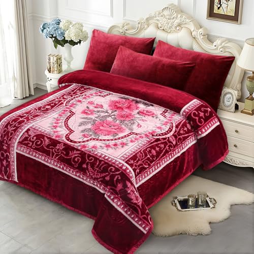 JYK Soft Fleece Bed Blanket King Size A&B Pattern Rose/Rose - 520GSM Fuzzy Cozy Luxury Warm Blanket Microfiber, 2 Ply Reversible Room Home Decor Christmas Decorations, 83" x 91 inches, 5.7 LB - Image 1