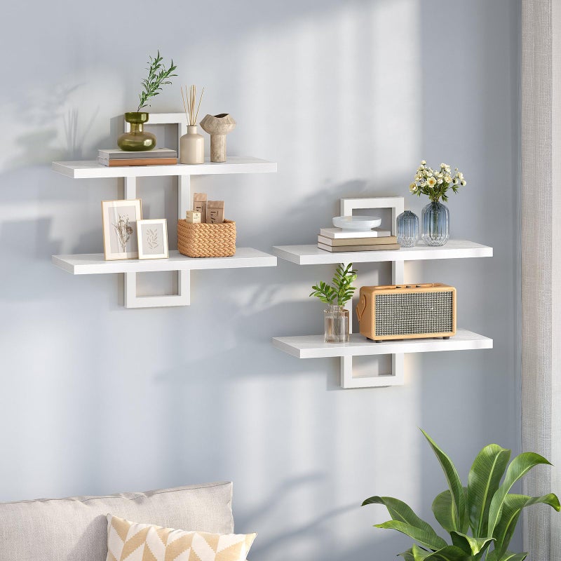 HOOBRO Floating Shelves, 15 Inch Wall Shelf Set of 2, Wall Mounted Storage Shelves 2-Tier, Hanging Bathroom Shelves, for Living Room, Bedroom, Bathroom, Kitchen, White WW32BJ01 - Image 1