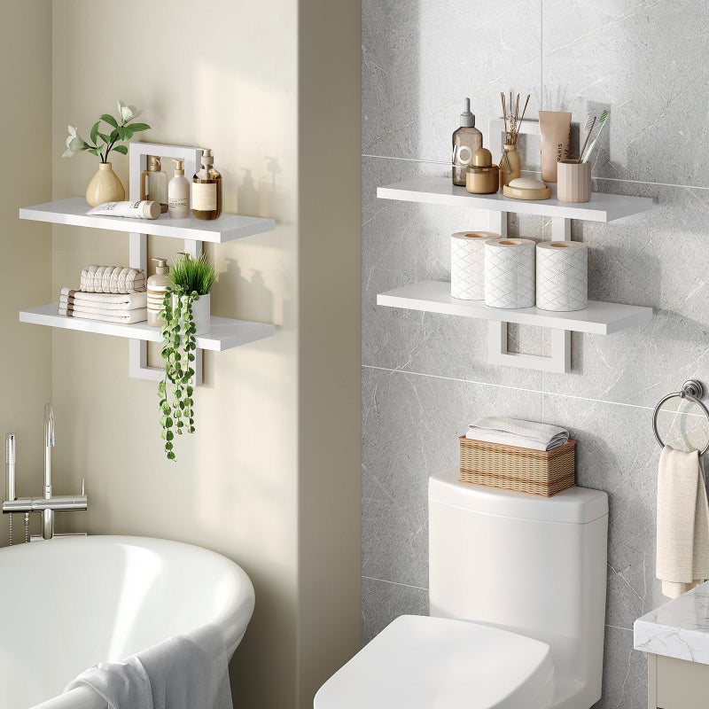 HOOBRO Floating Shelves, 15 Inch Wall Shelf Set of 2, Wall Mounted Storage Shelves 2-Tier, Hanging Bathroom Shelves, for Living Room, Bedroom, Bathroom, Kitchen, White WW32BJ01 - Image 5