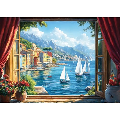 lamplig Puzzles for Adults 1000 Pieces Italy Ocean Coast Seaside Village Window View 1000 Piece Puzzle for Adults Seniors Jigsaw Puzzles with Letters on BackFun Gifts Decor 11 Poster - Image 1