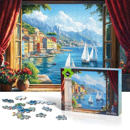 lamplig Puzzles for Adults 1000 Pieces Italy Ocean Coast Seaside Village Window View 1000 Piece Puzzle for Adults Seniors Jigsaw Puzzles with Letters on BackFun Gifts Decor 11 Poster - Image 5