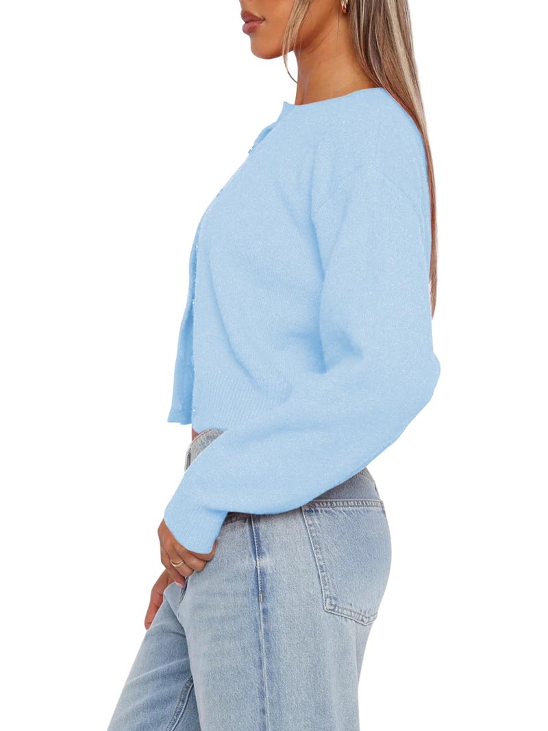 Balimtoy Cropped Cardigan Sweaters for Women Long Sleeve Button Down Sweaters Knit Cardigan Cute Y2K Open Front Crop Top Light Blue M - Image 2