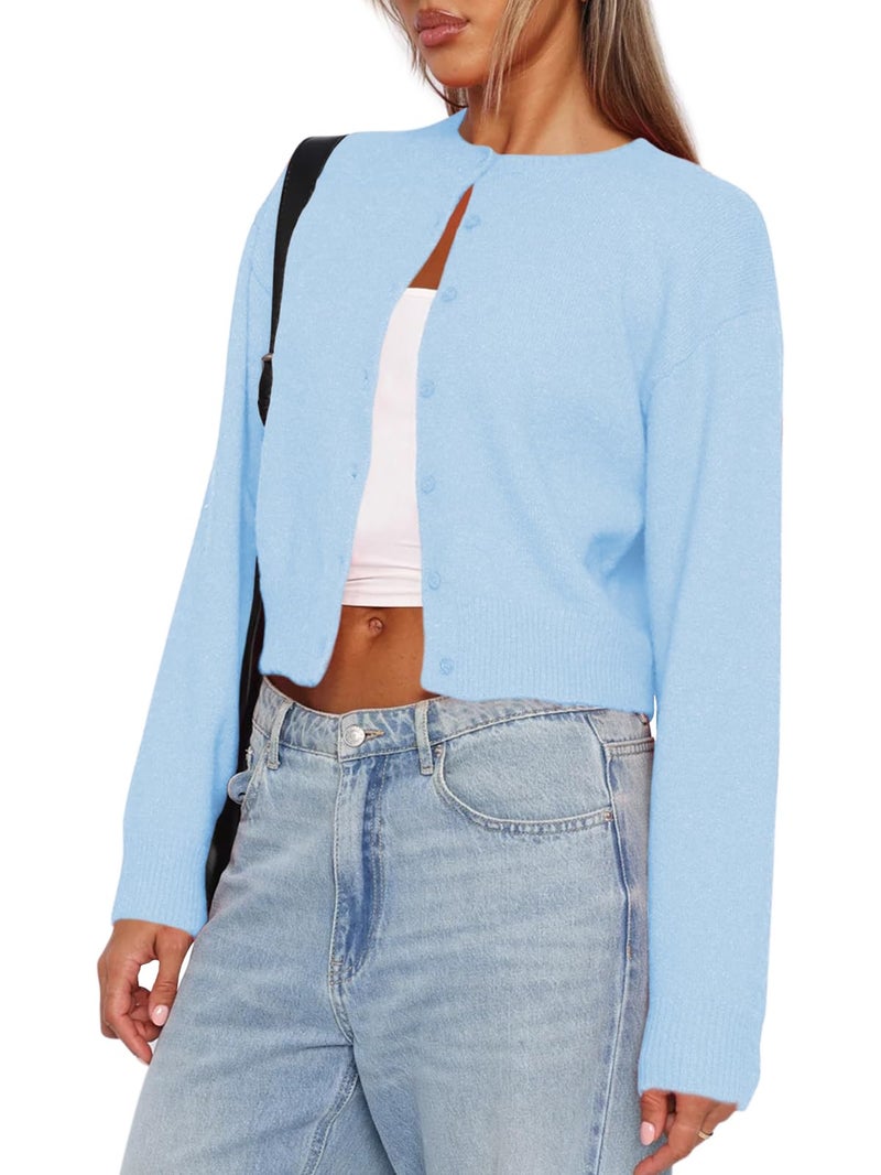 Balimtoy Cropped Cardigan Sweaters for Women Long Sleeve Button Down Sweaters Knit Cardigan Cute Y2K Open Front Crop Top Light Blue M - Image 1