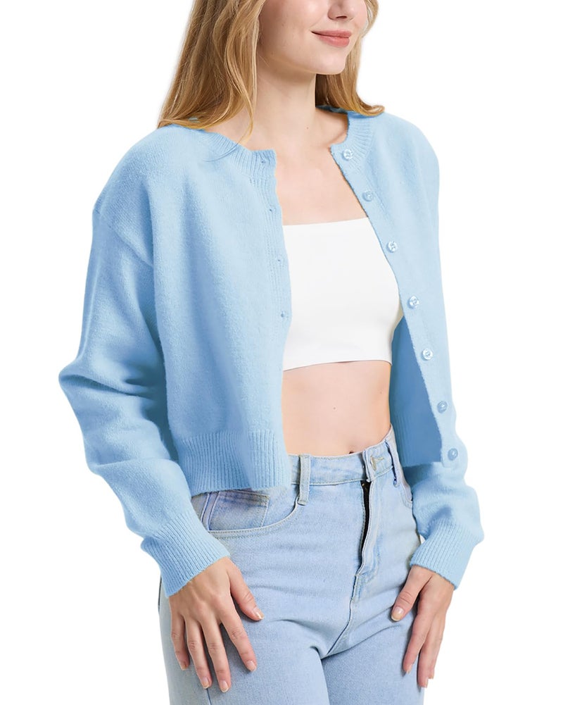 Balimtoy Cropped Cardigan Sweaters for Women Long Sleeve Button Down Sweaters Knit Cardigan Cute Y2K Open Front Crop Top Light Blue M - Image 5