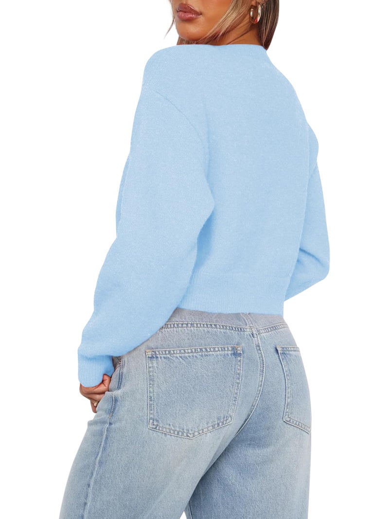 Balimtoy Cropped Cardigan Sweaters for Women Long Sleeve Button Down Sweaters Knit Cardigan Cute Y2K Open Front Crop Top Light Blue M - Image 3