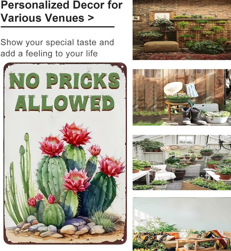 Bestylez Garden Gifts Vintage Cactus No Pricks Allowed Gardening Signs for Home Garden Greenhouse Living Room Bedroom Yard Outdoor Decor 8X12 Inch (3365) - Image 3