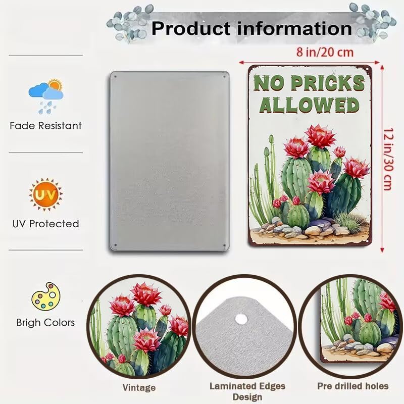 Bestylez Garden Gifts Vintage Cactus No Pricks Allowed Gardening Signs for Home Garden Greenhouse Living Room Bedroom Yard Outdoor Decor 8X12 Inch (3365) - Image 2