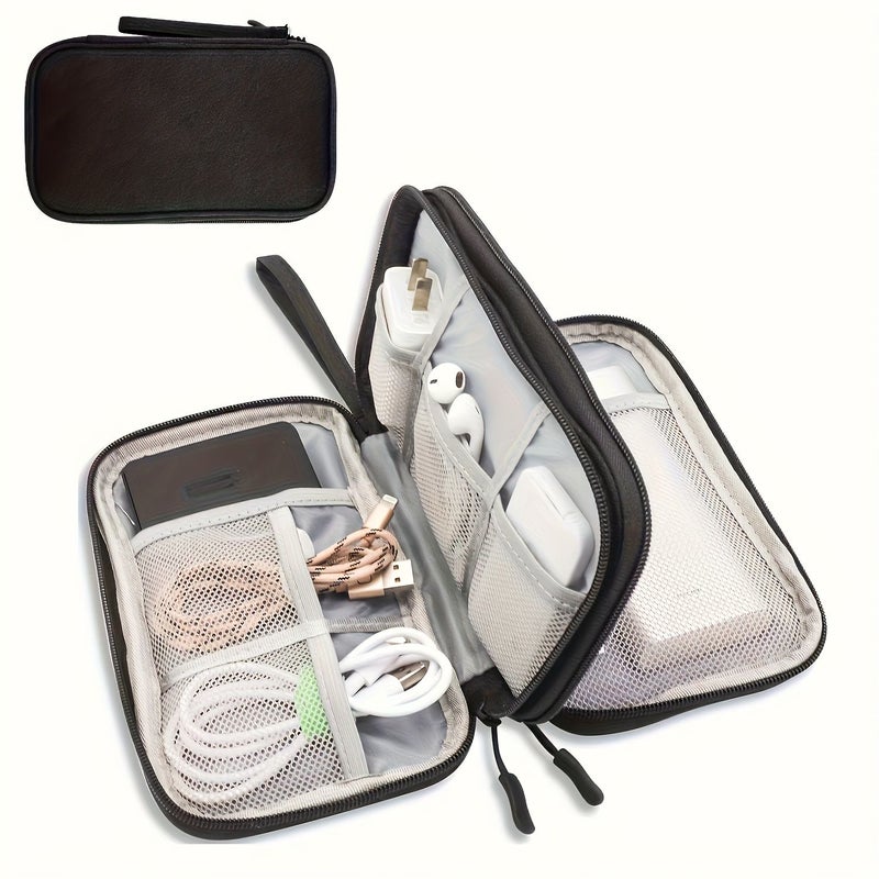 8 Compartment Travel Organizer With Multiple Pockets Durable Polyester Case For Electronics And Accessories Black - Image 1