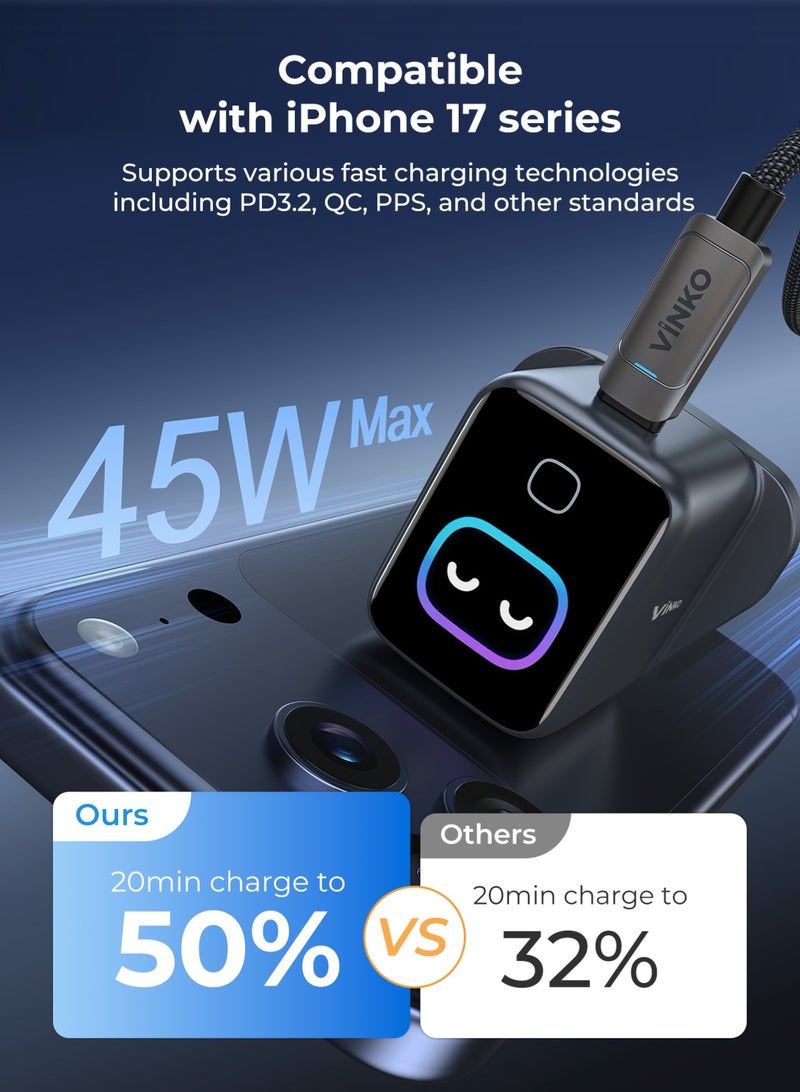 Vinko شاحن VINKO KN-1D UK بقوة 45 واط من نوع USB Type-C مع شاشة تفاعلية وأزرار تحكم باللمس على شكل رموز تعبيرية؛ متوافق مع MacBook و iPhone 17 Pro Max و Galaxy S26 Ultra بقوة 45 واط مع شاشة ذكية. - Image 3