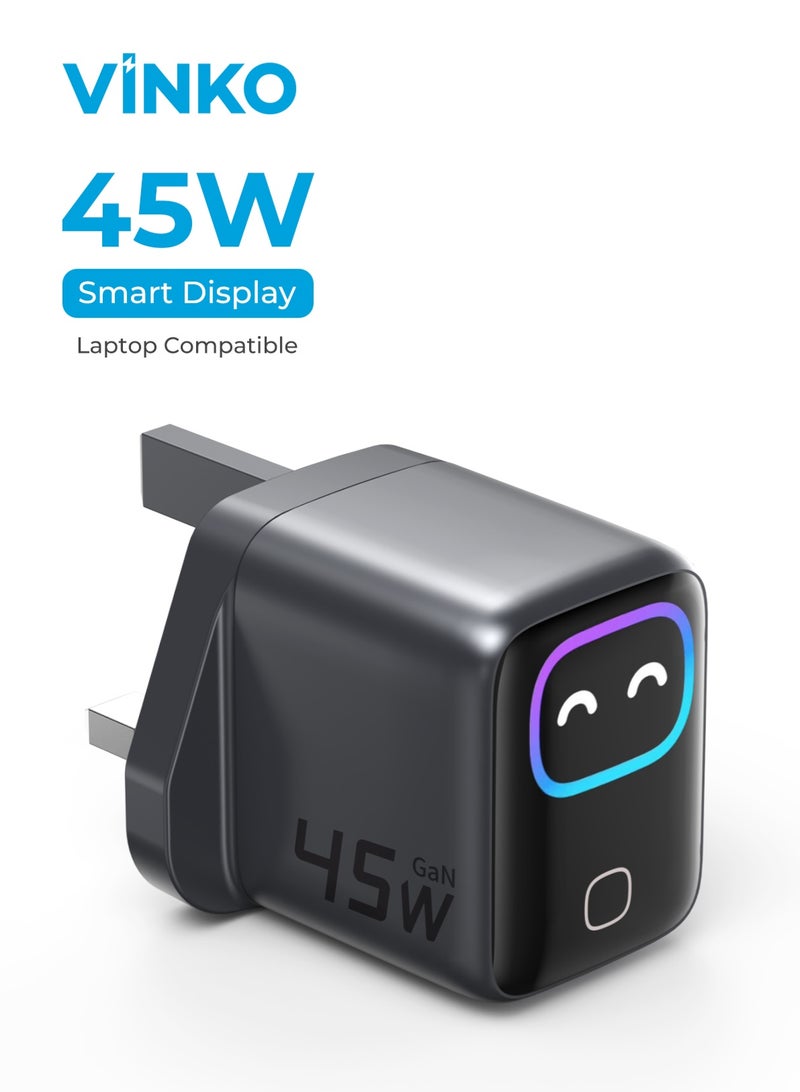 Vinko شاحن VINKO KN-1D UK بقوة 45 واط من نوع USB Type-C مع شاشة تفاعلية وأزرار تحكم باللمس على شكل رموز تعبيرية؛ متوافق مع MacBook و iPhone 17 Pro Max و Galaxy S26 Ultra بقوة 45 واط مع شاشة ذكية. - Image 1