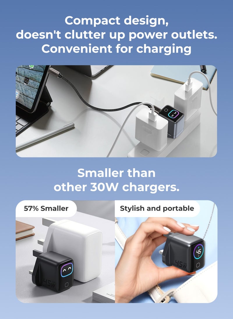 Vinko شاحن VINKO KN-1D UK بقوة 45 واط من نوع USB Type-C مع شاشة تفاعلية وأزرار تحكم باللمس على شكل رموز تعبيرية؛ متوافق مع MacBook و iPhone 17 Pro Max و Galaxy S26 Ultra بقوة 45 واط مع شاشة ذكية. - Image 2