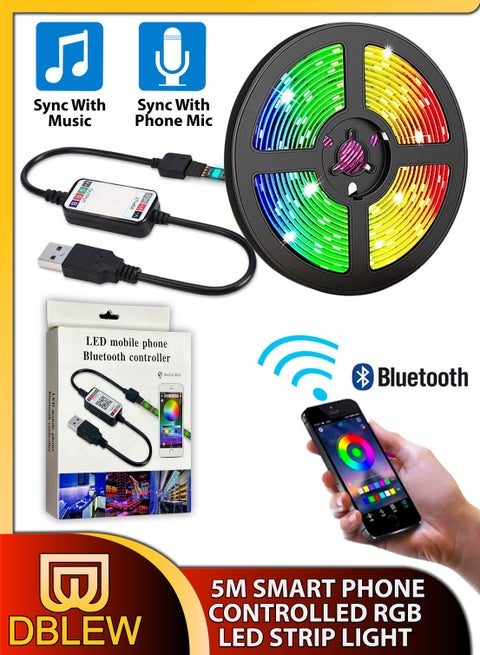 5M Flexible Smart Bluetooth RGB LED Strip Light Sync to Music Lighting for Home Decor Kitchen Bedroom Car Bike Hotel Outdoor Bar Parties Garden Desktop Decoration Mobile App Control USB Powered
