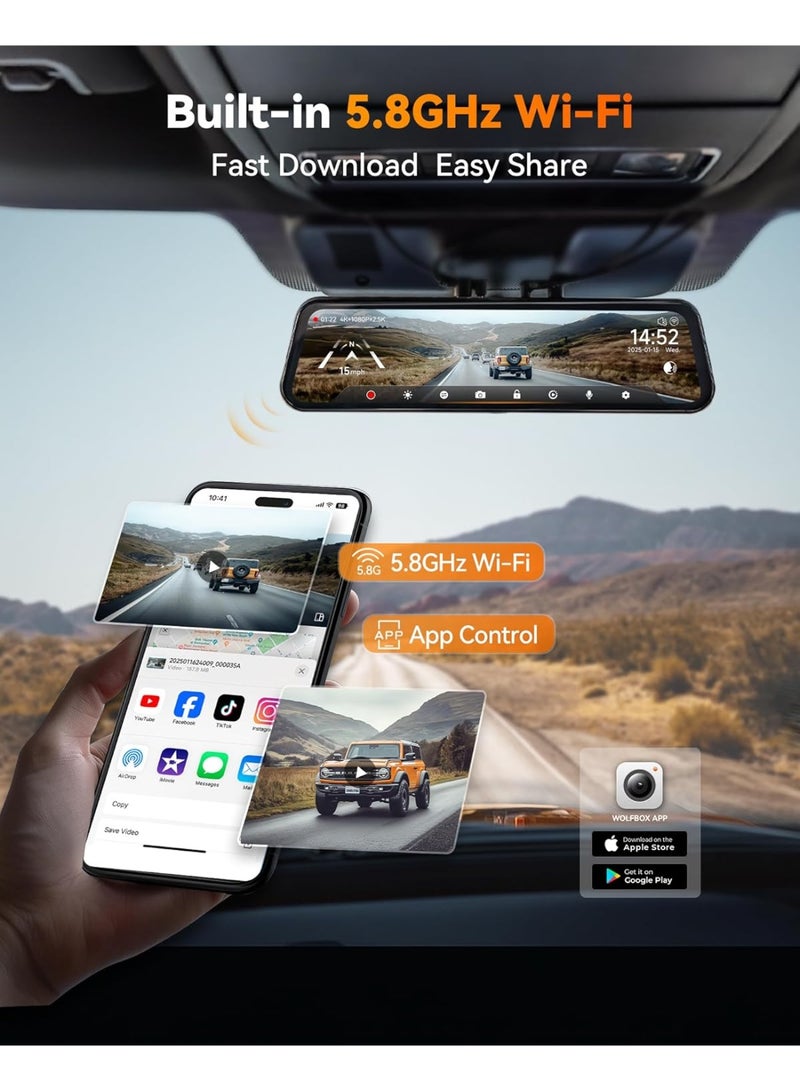 وولف بوكس WOLFBOX G900 Tripro الوفير الإصدار 3 قناة 4K مرآة داش كام، ستارفيس 2 IMX678 الرؤية الليلية، 4K + 2.5K + 1080P الجبهة والخلفية الوفير داش كام، 5.8GHz واي فاي، والتحكم الصوتي، ويشمل 256GB بطاقة ونظام تحديد المواقع العالمي - Image 5