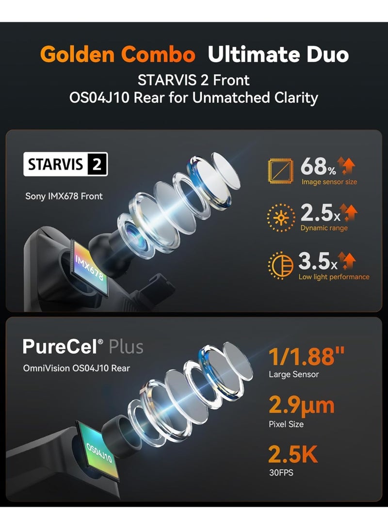 وولف بوكس WOLFBOX G900 Tripro الوفير الإصدار 3 قناة 4K مرآة داش كام، ستارفيس 2 IMX678 الرؤية الليلية، 4K + 2.5K + 1080P الجبهة والخلفية الوفير داش كام، 5.8GHz واي فاي، والتحكم الصوتي، ويشمل 256GB بطاقة ونظام تحديد المواقع العالمي - Image 4