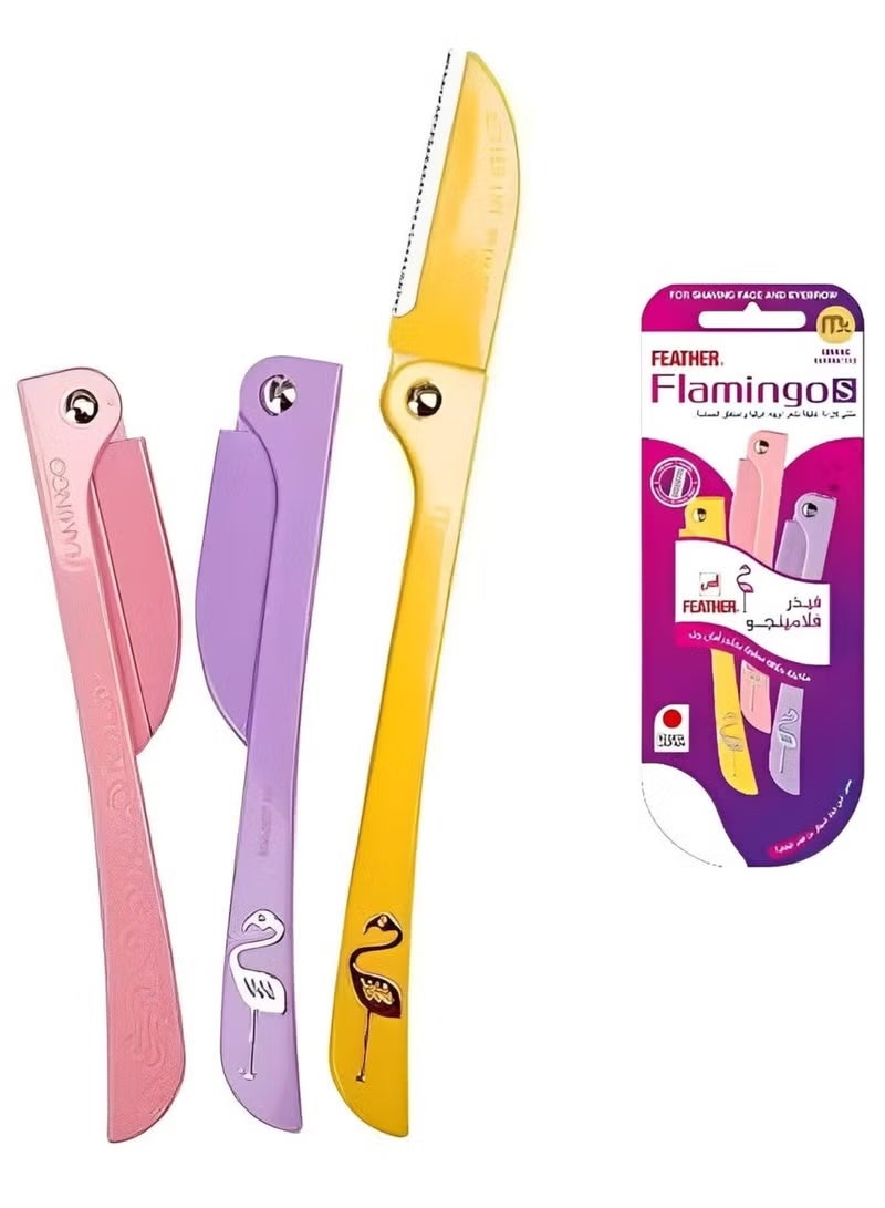 فيذر مجموعة شفرات فلامنجو النسائية لإزالة شعر الوجه والجسم – 3 قطع (أصفر / وردي / بنفسجي) - Image 2