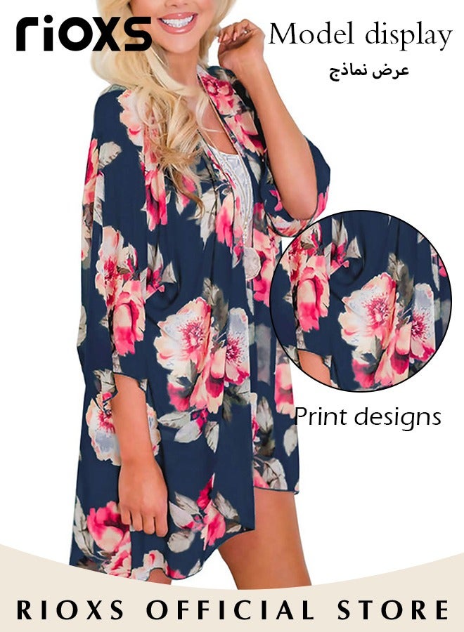 RIOXS Women Casual Floral Print Beach Cover Ups Short Sleeve Kimono Cardigan Loose Beach Swimsuit Dress  - Image 3
