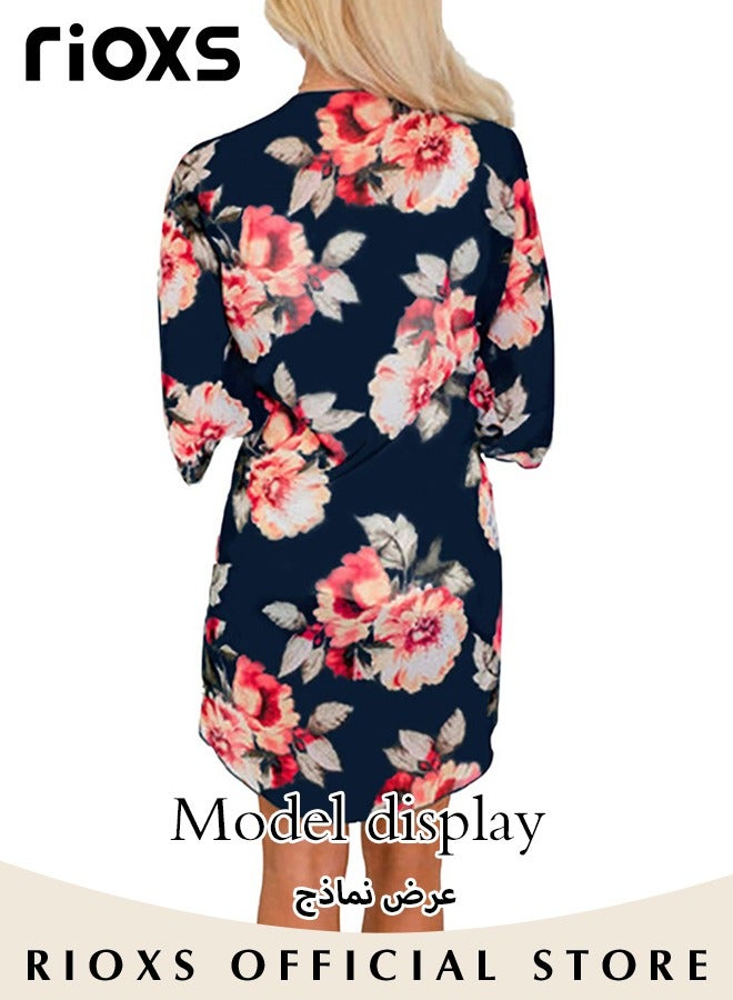 RIOXS Women Casual Floral Print Beach Cover Ups Short Sleeve Kimono Cardigan Loose Beach Swimsuit Dress  - Image 4