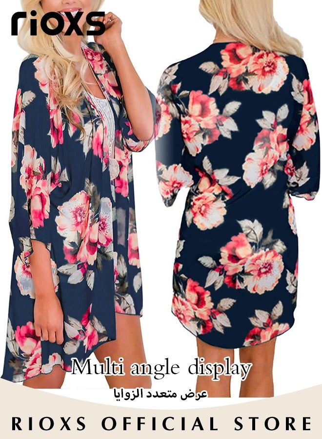 RIOXS Women Casual Floral Print Beach Cover Ups Short Sleeve Kimono Cardigan Loose Beach Swimsuit Dress  - Image 2