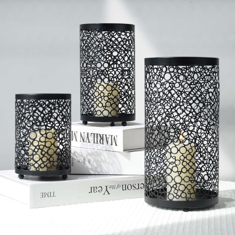 kolnlala Metal Candle Holders Set of 3, Decorative Tealight Candle Holder Sets, Candlestick for Pillar Vintage Style Perfect for Tabletop Centerpieces (Black, Bubble Pattern) - Image 1