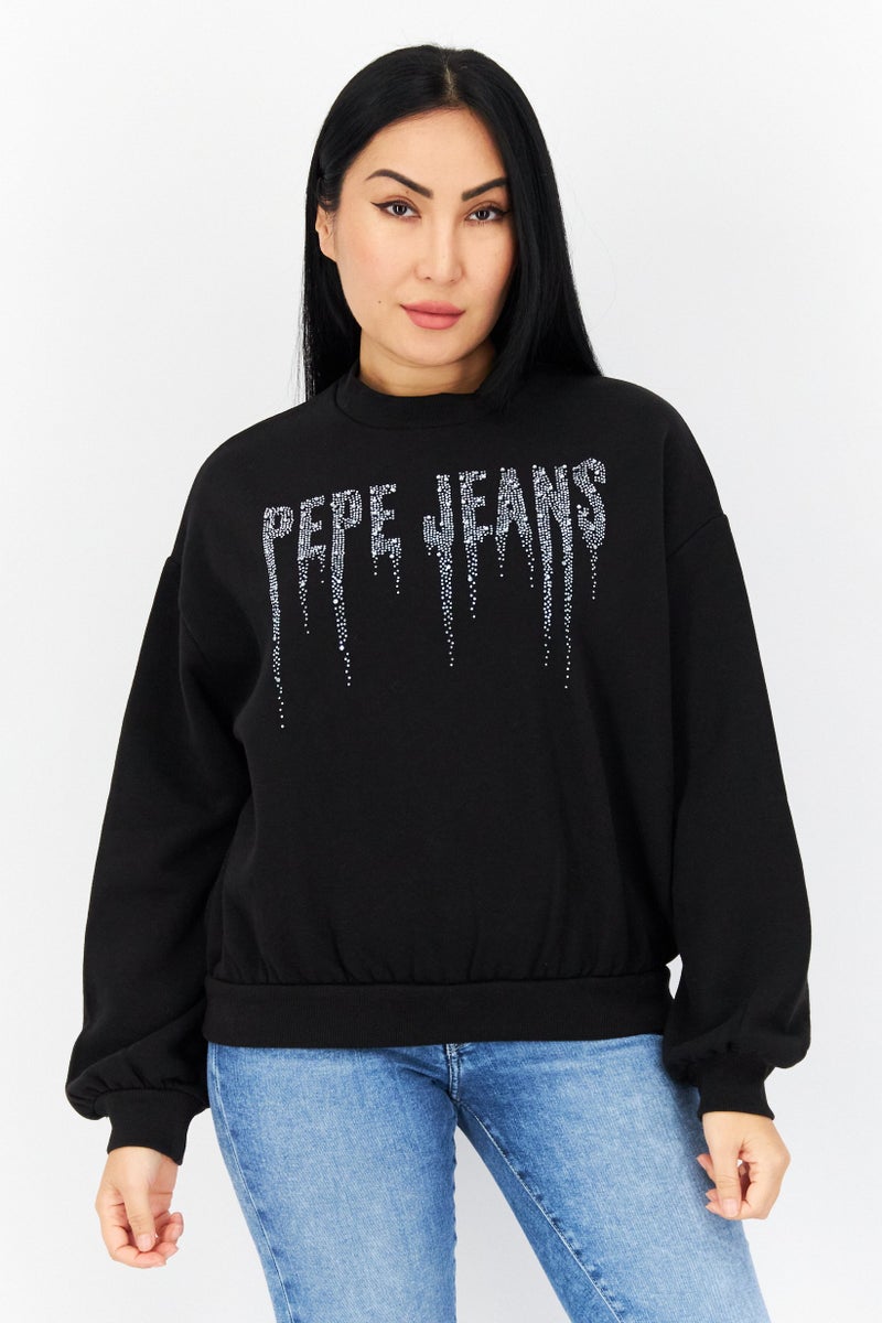 Pepe Jeans سويت شيرت مزين بياقة دائرية للنساء، أسود - Image 1