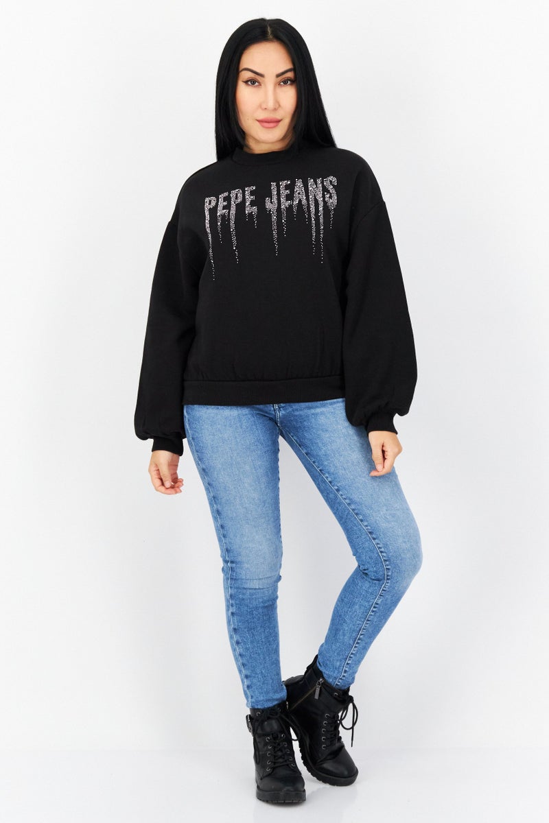 Pepe Jeans سويت شيرت مزين بياقة دائرية للنساء، أسود - Image 3