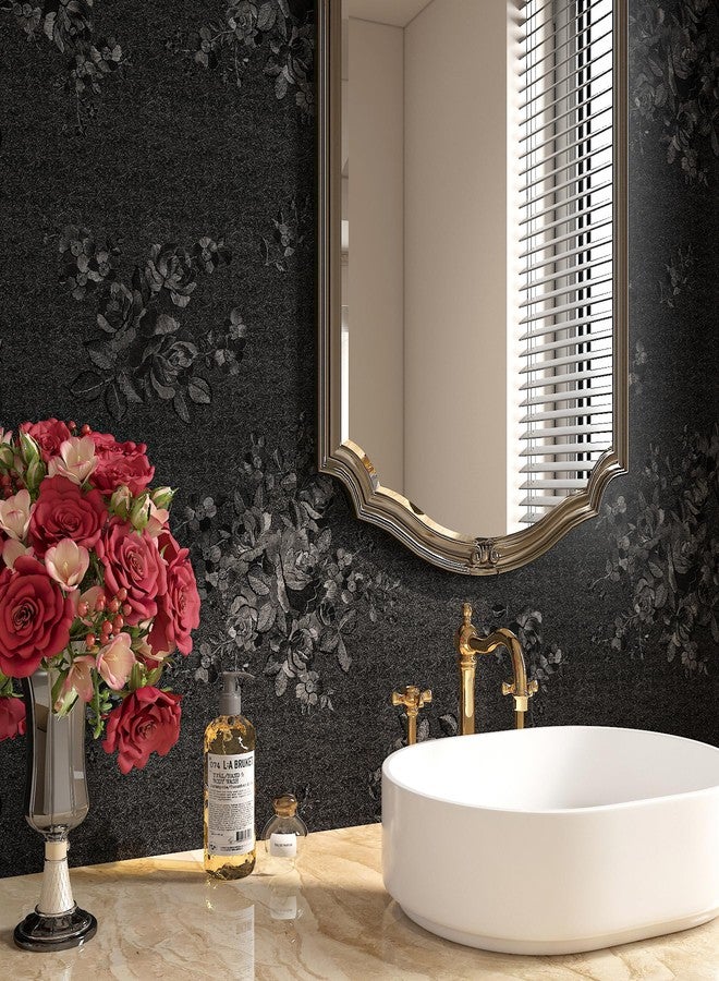 FunStick Vintage Black Floral Wallpaper Peel and Stick Textured Embossed Flower Wallpaper Waterproof Removable Floral Black Contact Paper Peel and Stick Wall Paper for Bathroom Walls Cabinets 16" x80 - Image 3