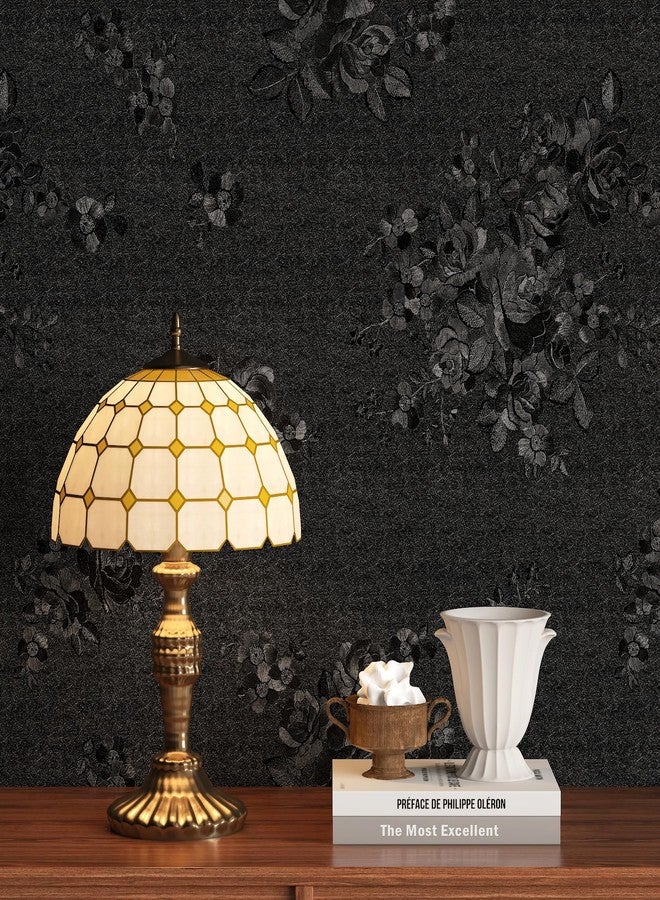 FunStick Vintage Black Floral Wallpaper Peel and Stick Textured Embossed Flower Wallpaper Waterproof Removable Floral Black Contact Paper Peel and Stick Wall Paper for Bathroom Walls Cabinets 16" x80 - Image 1