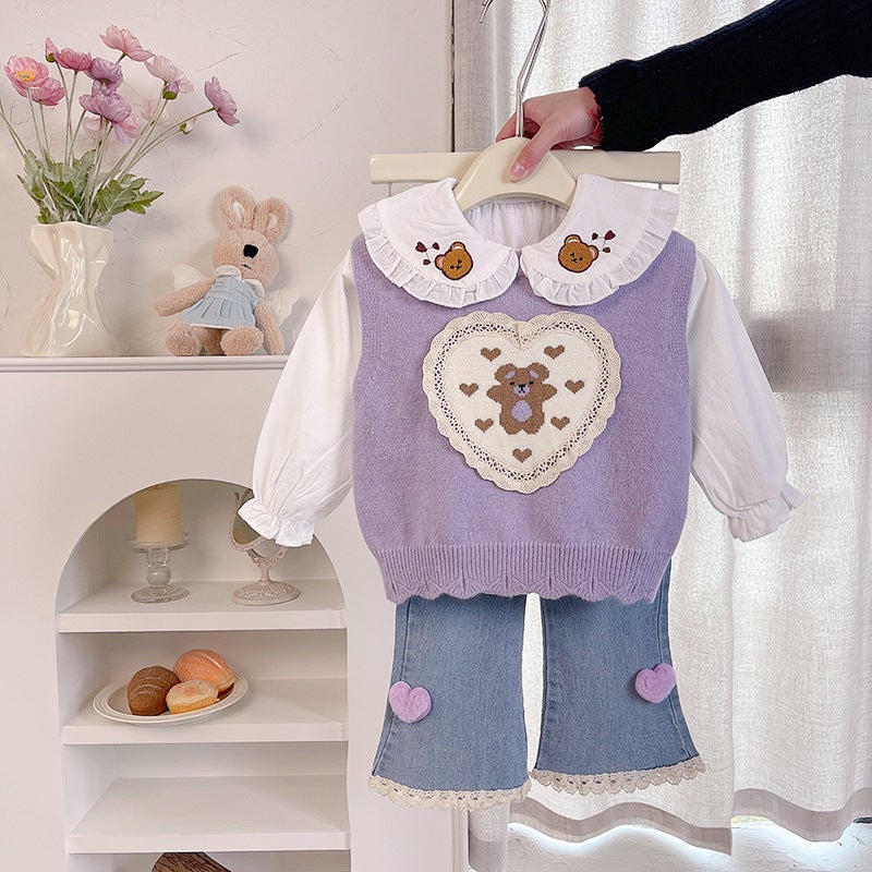 Girls suit Spring 2025 New Style Bag Shirt Vest Childrens Pants Spring and Autumn Childrens Three-Piece Set Purple
