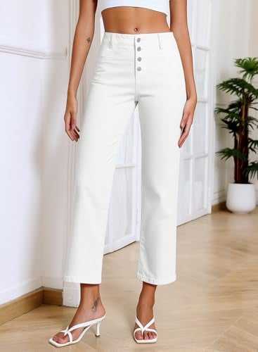 Sidefeel Women's Wide Leg Jeans High Waisted Stretchy Zimbaplatinum Straight Leg Jeans Buttoned Loose Denim Pants with Pocket White Size 6 - Image 4