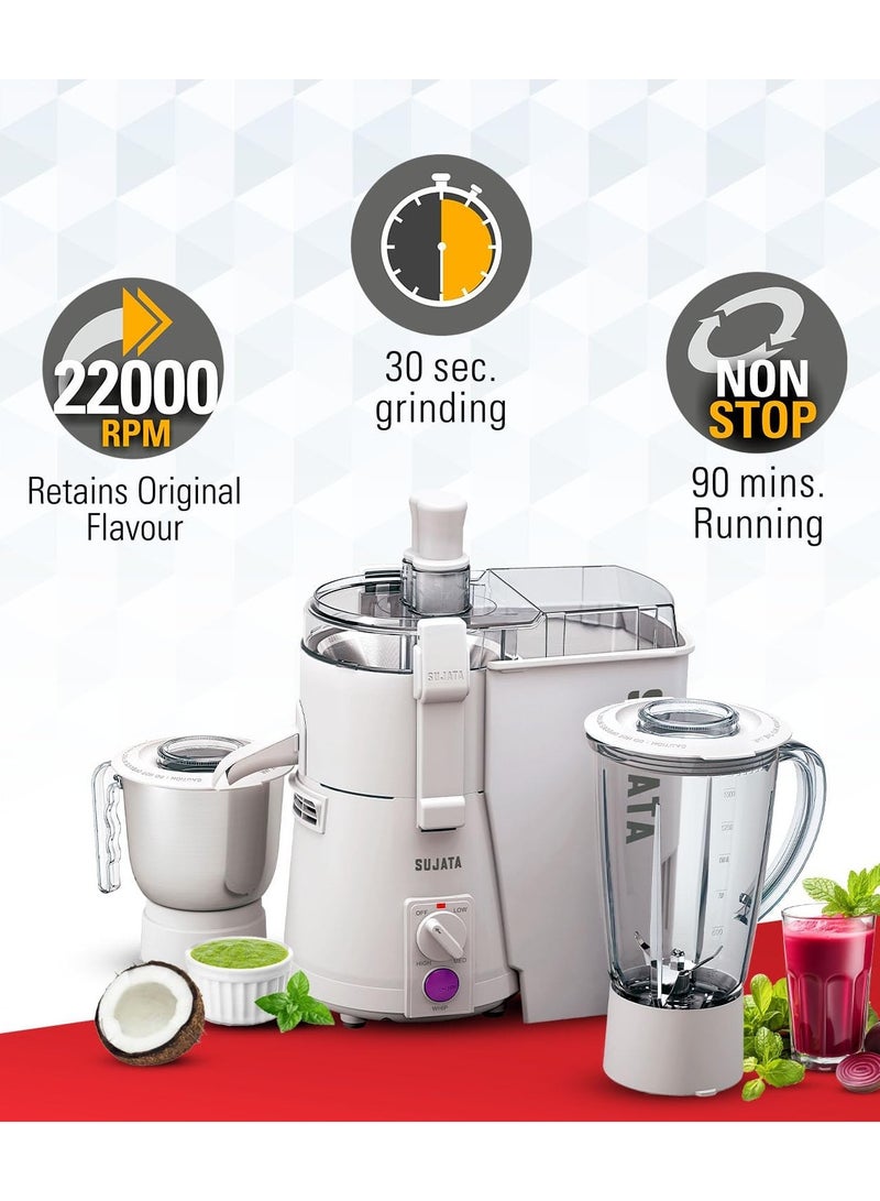 SUJATA خلاط عصير سوجاتا باورماتيك بلس | محرك مزدوج بكرات 900 وات | 22000 دورة في الدقيقة | تشغيل مستمر لمدة 90 دقيقة | 2 وعاء بما في ذلك خلاط سعة 1750 مل، وعاء مطحنة سعة 1000 مل | (أبيض) - Image 3
