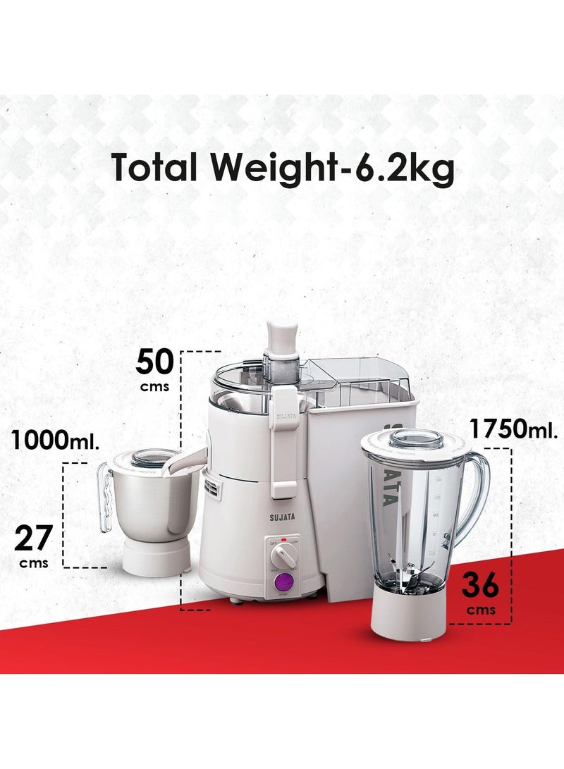SUJATA خلاط عصير سوجاتا باورماتيك بلس | محرك مزدوج بكرات 900 وات | 22000 دورة في الدقيقة | تشغيل مستمر لمدة 90 دقيقة | 2 وعاء بما في ذلك خلاط سعة 1750 مل، وعاء مطحنة سعة 1000 مل | (أبيض) - Image 4