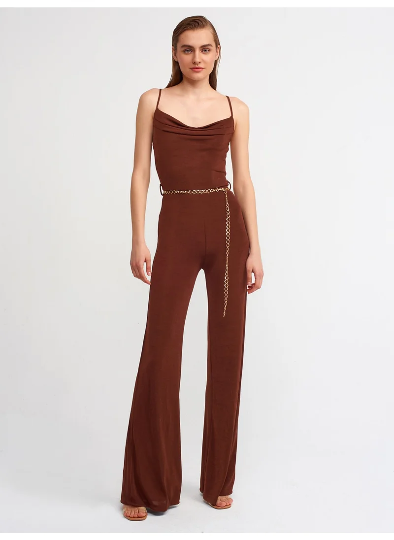 Dilvin 70331 Ruffle Collar Belted Jumpsuit-Red Brown