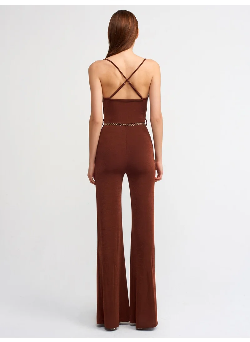 Dilvin 70331 Ruffle Collar Belted Jumpsuit-Red Brown