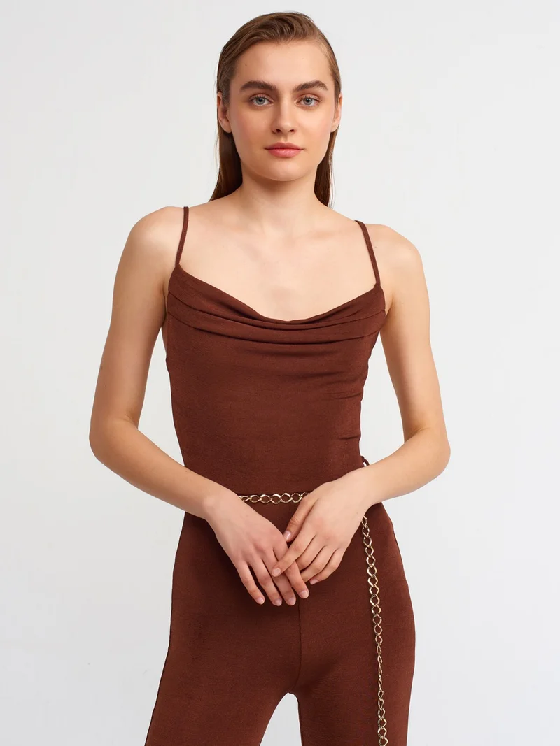 Dilvin 70331 Ruffle Collar Belted Jumpsuit-Red Brown