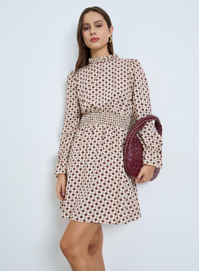 Take Two Beige All-Over Print A-Line Mini Dress - Image 1