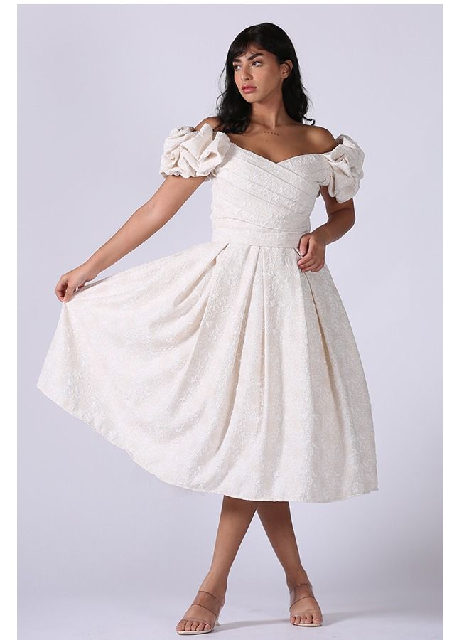 Modern Design Evening Midi Dress Of Jacquard Material, Off-the-shoulder Design, Puffed On Pleats At The Bottom, With A Wide Cut  - Image 1