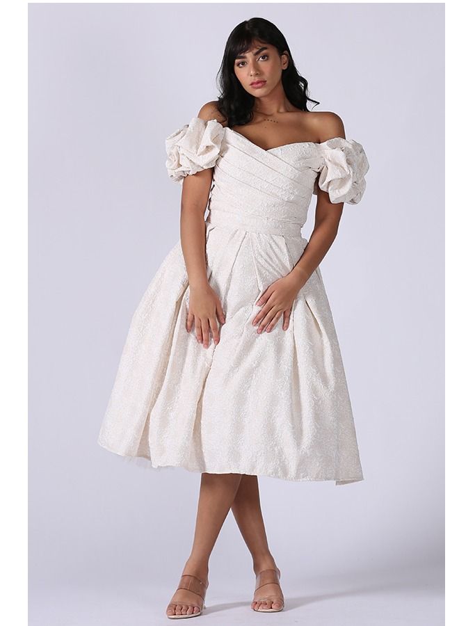 Modern Design Evening Midi Dress Of Jacquard Material, Off-the-shoulder Design, Puffed On Pleats At The Bottom, With A Wide Cut  - Image 2