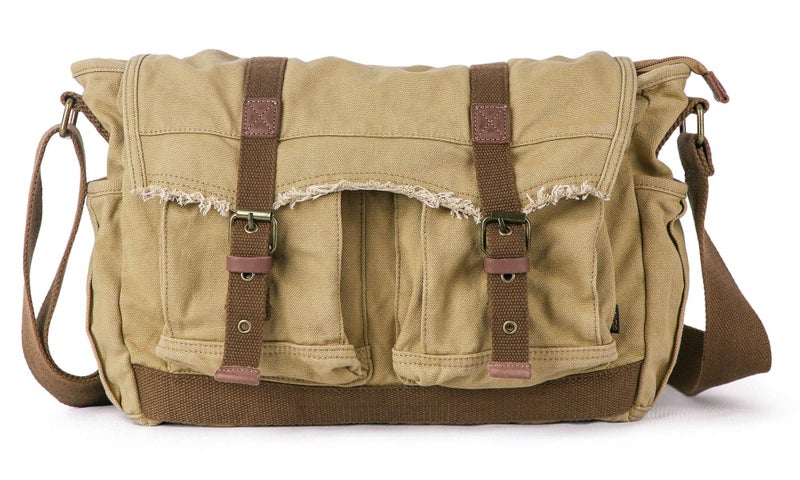 GOOTIUM Canvas Messenger Bag - Vintage Shoulder Bag Frayed Style Boho Purse, Khaki