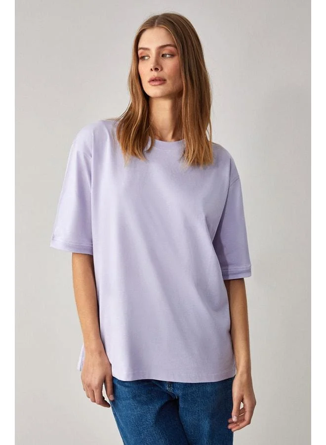 Grimelange Jemmy Women's 100% Organic Cotton Relaxed Fit Slit Round Neck Lilac T-Shirt
