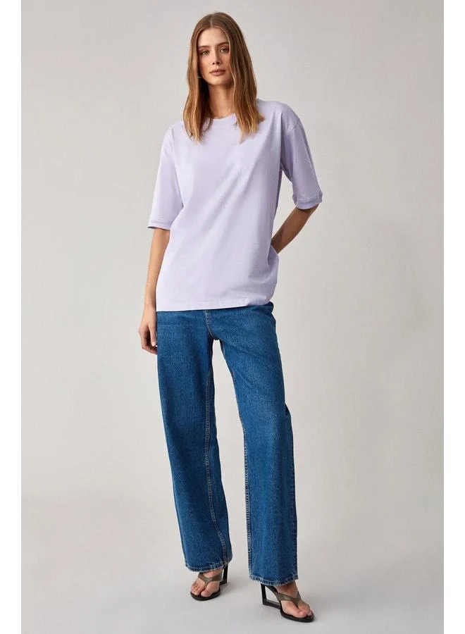Grimelange Jemmy Women's 100% Organic Cotton Relaxed Fit Slit Round Neck Lilac T-Shirt