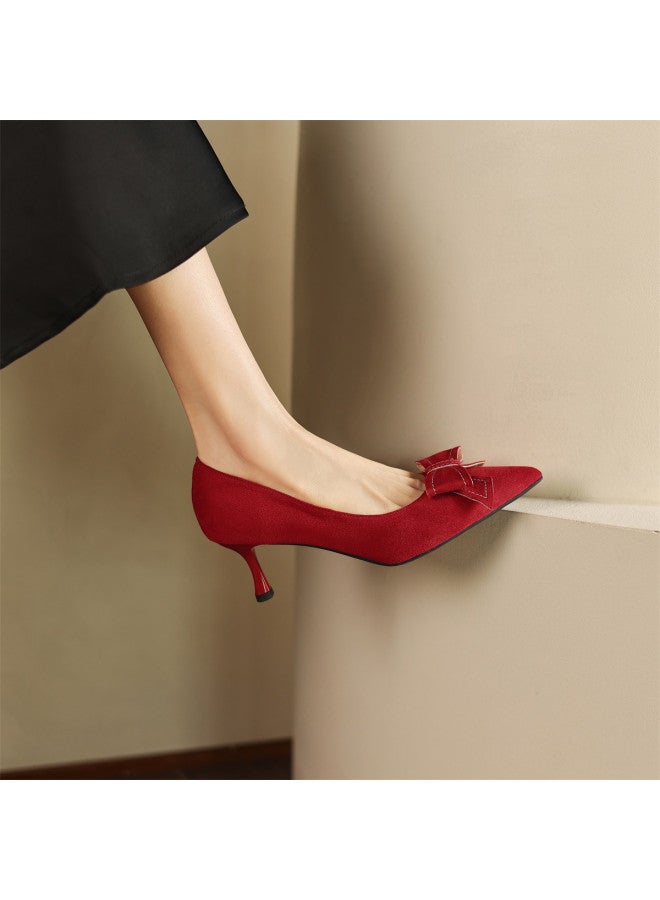 AME French Elegant Classic Single Shoes For Women, Spring And Summer Style, Bow Detail Suede Stiletto Heels For Women - Image 3