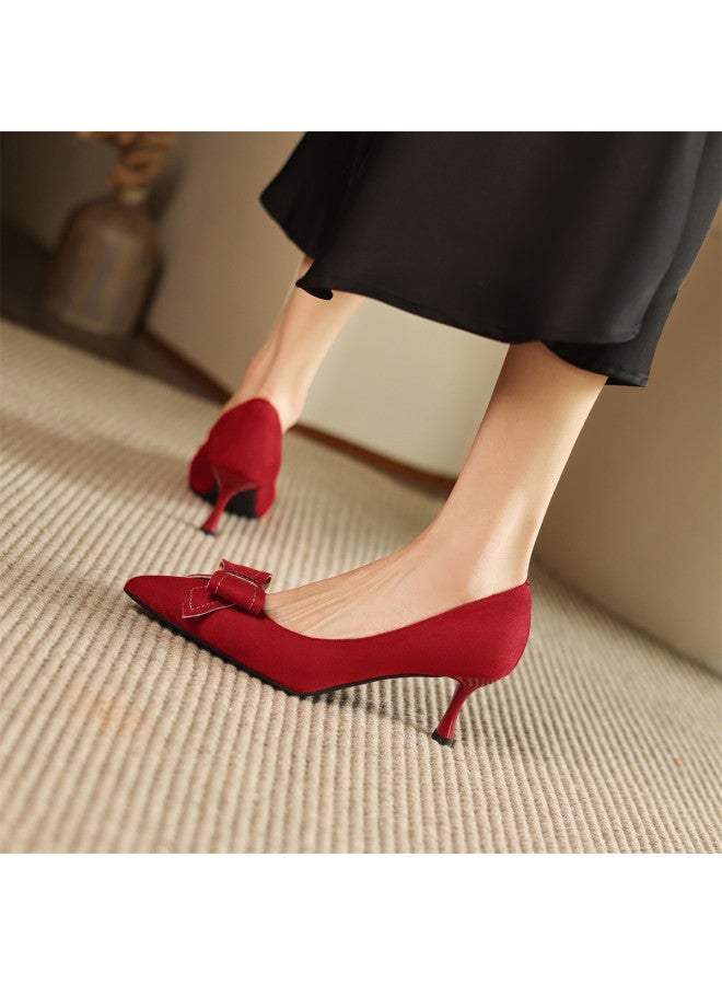 AME French Elegant Classic Single Shoes For Women, Spring And Summer Style, Bow Detail Suede Stiletto Heels For Women - Image 5