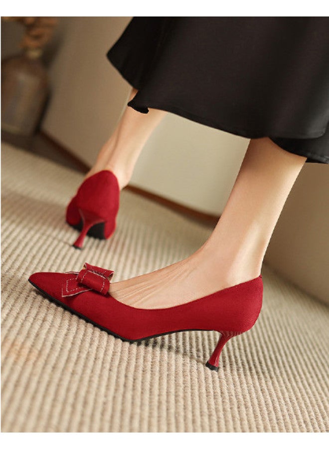 AME French Elegant Classic Single Shoes For Women, Spring And Summer Style, Bow Detail Suede Stiletto Heels For Women - Image 1