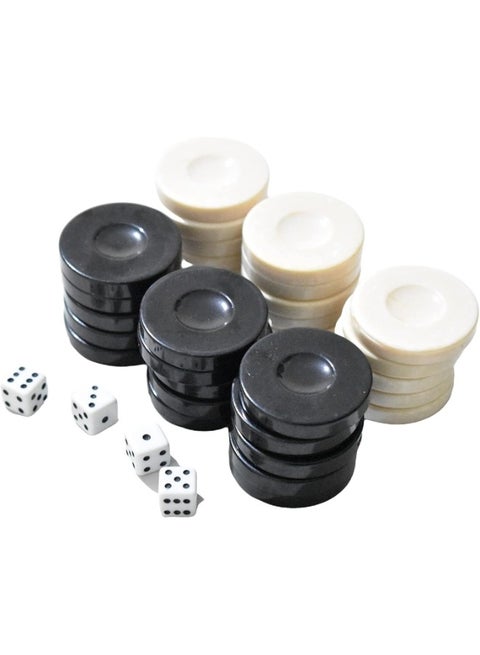 Backgammon Chips Game Set 30 playing pieces (15 white chips and 15 black chips) and 4 dice (2 small dice and 2 large dice)