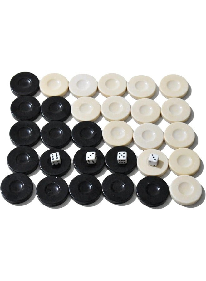 Backgammon Chips Game Set 30 playing pieces (15 white chips and 15 black chips) and 4 dice (2 small dice and 2 large dice)